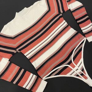 ~ Bodysuit XL Thong Stripe Knit* Mock Turtleneck Long Sleeve Snaps Brown Cream